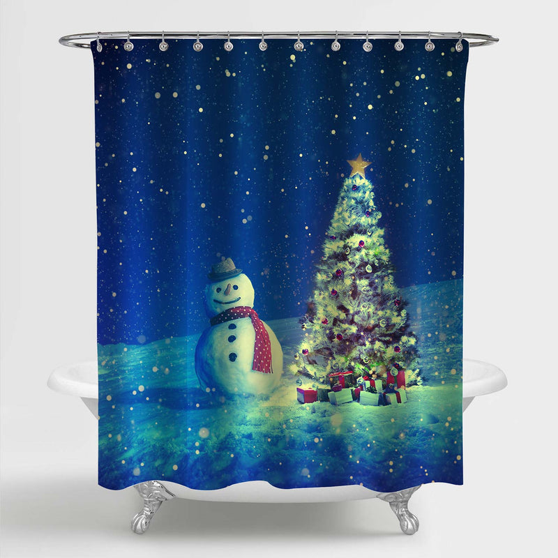 Snowman with Christmas Tree and Gift Boxes at Night Shower Curtain - Blue