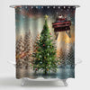 Santa Claus Flying Sleigh Against Christmas Tree Shower Curtain - Gold Green