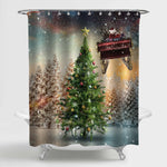 Santa Claus Flying Sleigh Against Christmas Tree Shower Curtain - Gold Green