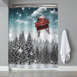 Santa Claus Riding Reindeer Sleigh Above the Snowy Forest Shower Curtain - Blue White