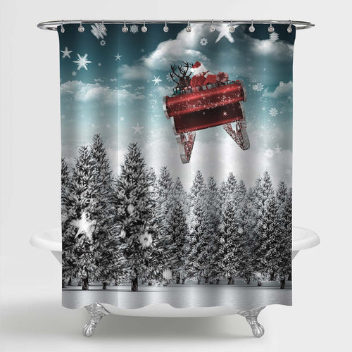 Santa Claus Riding Reindeer Sleigh Above the Snowy Forest Shower Curtain - Blue White