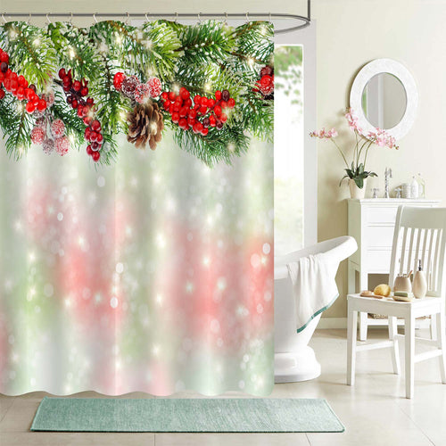 Christmas Tree Branches Decoration with Red Berries and Golden Lights Shower Curtian