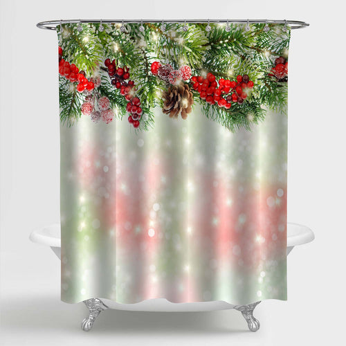 Christmas Tree Branches Decoration with Red Berries and Golden Lights Shower Curtian