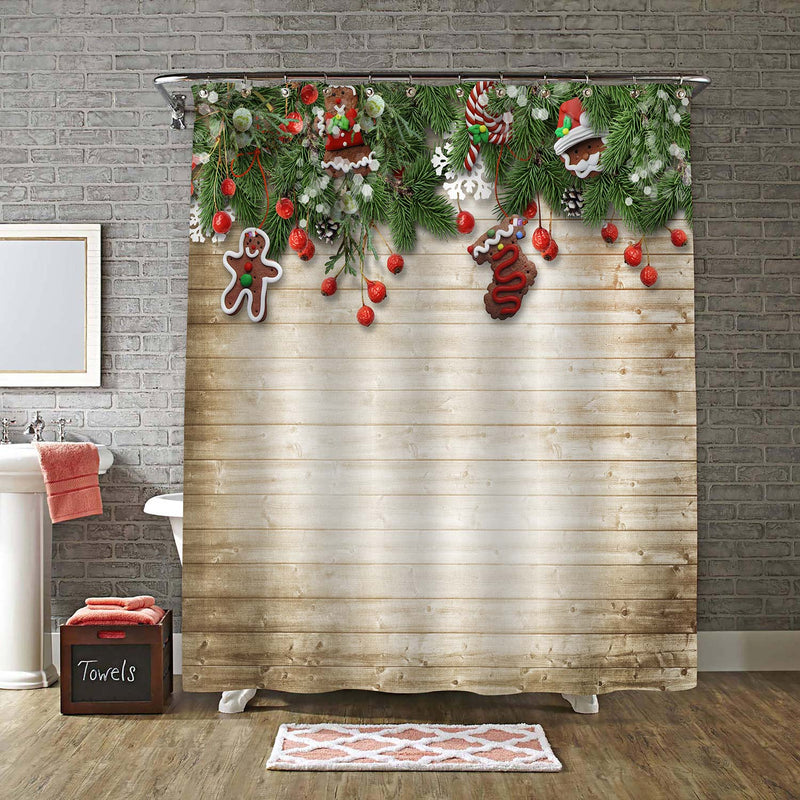 Christmas Fir Tree with Cookie, Holly and Decoration on Wooden Board Shower Curtain - Green Brown