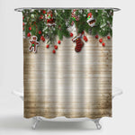 Christmas Fir Tree with Cookie, Holly and Decoration on Wooden Board Shower Curtain - Green Brown