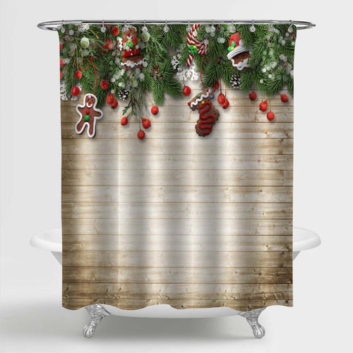 Christmas Fir Tree with Cookie, Holly and Decoration on Wooden Board Shower Curtain - Green Brown