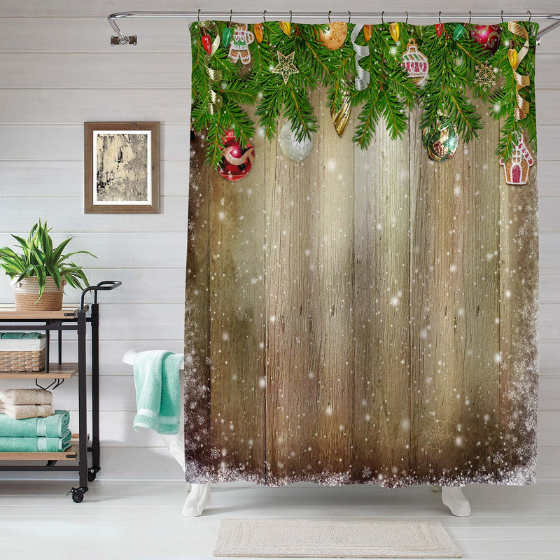 Pine Branches and New Year Ornaments on the Wooden Plank Shower Curtain - Green Brown