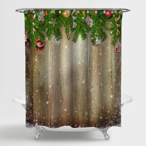 Pine Branches and New Year Ornaments on the Wooden Plank Shower Curtain - Green Brown