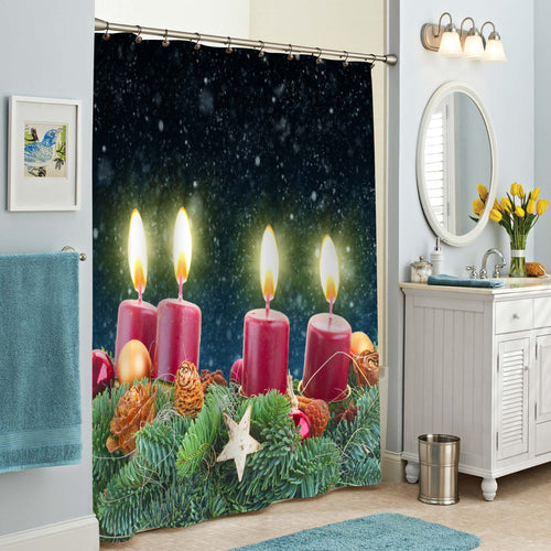 Evergreen Fir Tree Advent Garland with Burning Candles on Snowy Background Shower Curtain