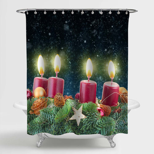 Evergreen Fir Tree Advent Garland with Burning Candles on Snowy Background Shower Curtain