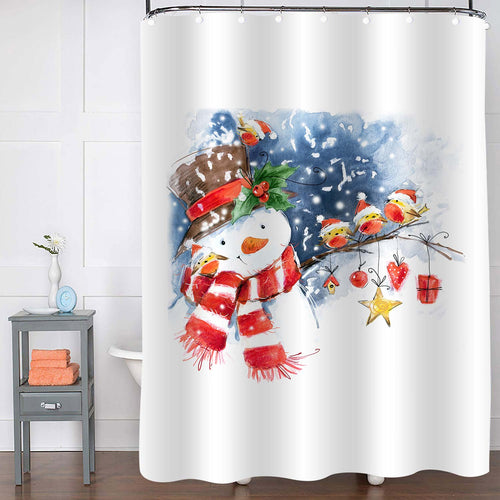 Watercolor Snowman and Cute Bird Shower Curtain - Red Blue