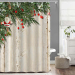 Christmas Santa and Red Berries on Grunge Wooden Board Shower Curtain - Green Brown