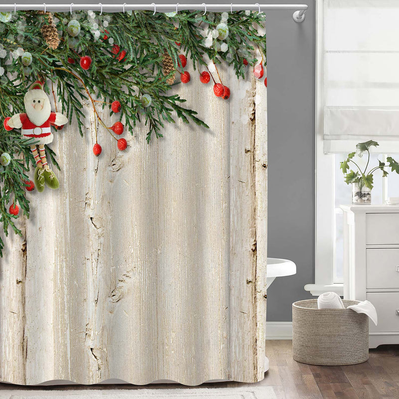 Christmas Santa and Red Berries on Grunge Wooden Board Shower Curtain - Green Brown