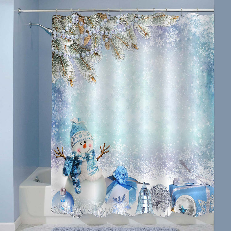 Christmas Pine Branches, Snowman and Gifts Shower Curtain - Light Blue