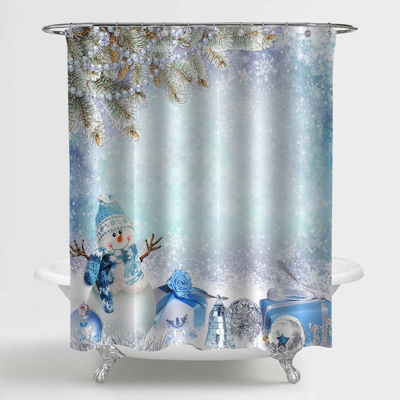 Christmas Pine Branches, Snowman and Gifts Shower Curtain - Light Blue