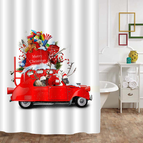 Christmas Santa Claus with Reindeer in a Car with Gifts Shower Curtain - Red