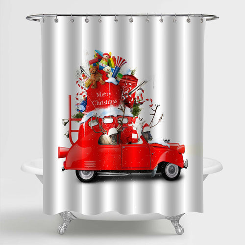 Christmas Santa Claus with Reindeer in a Car with Gifts Shower Curtain - Red