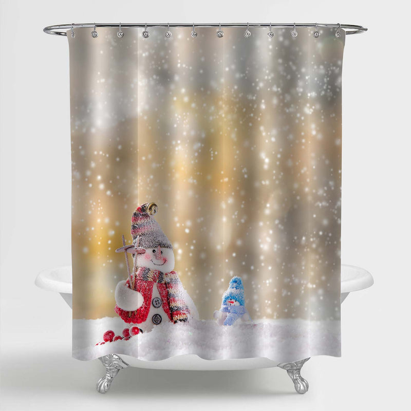 Small Toys Baby Snowman in Deep Snow Shower Curtain - Gold White