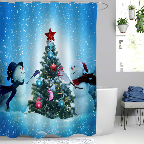 Snowmen Decorating a Christmas Tree Shower Curtain - Blue