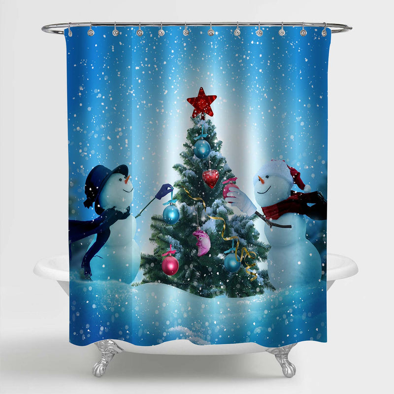 Snowmen Decorating a Christmas Tree Shower Curtain - Blue