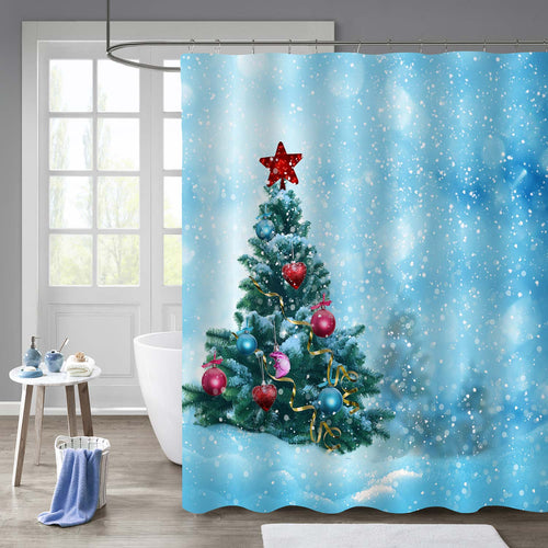 Christmas Tree Decorated with Colored Balls and Star Shower Curtain - Blue Green