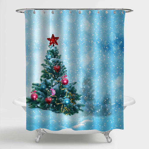 Christmas Tree Decorated with Colored Balls and Star Shower Curtain - Blue Green