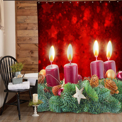 Christmas Tree Braches with Burning Candles Shower Curtain - Red Green