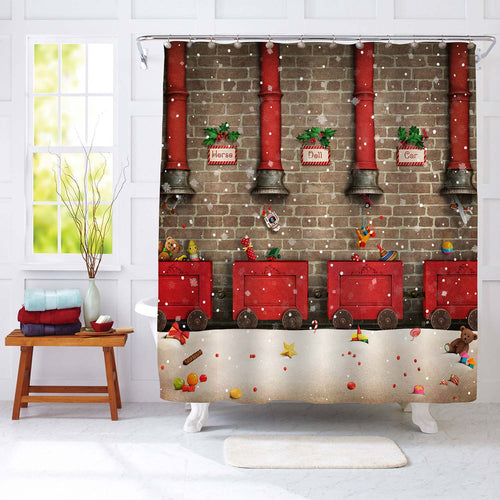 Christmas and New Year Santa's Work Shop Shower Curtain - Red Brown