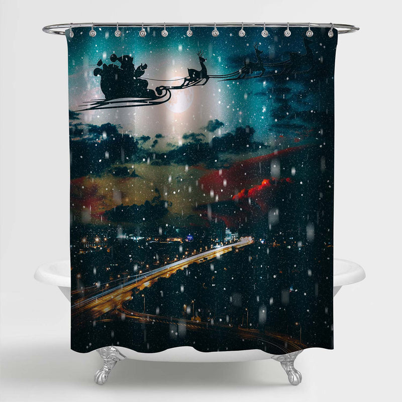 Silhouette of a Flying Goth Santa Claus Against the Background of the Night Sky Shower Curtain - Dark Blue