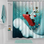 Crazy Snowman Racing with Snowy Mountain on Sled with Gifts Shower Curtain - Green Blue