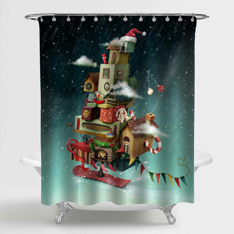 Hurtling Christmas Fantasy House with Gifts Shower Curtain - Green