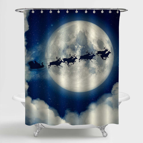 Santa Claus Sleight and Reindeer Silhouette Flying to Bring Gifts Shower Curtain - Blue White