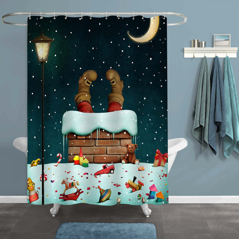 Funny Xmas Holiday Bathroom Decor, Christmas Holiday with Snow Roof and Legs of Santa Claus Shower Curtain, Dark Green, 72" W x 78" L