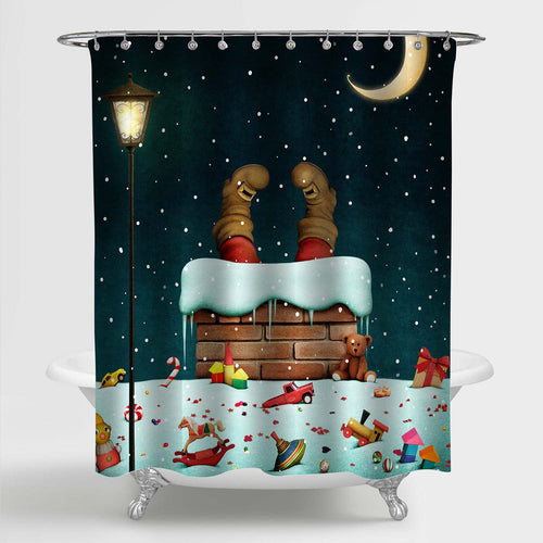 Funny Xmas Holiday Bathroom Decor, Christmas Holiday with Snow Roof and Legs of Santa Claus Shower Curtain, Dark Green, 72" W x 72" L