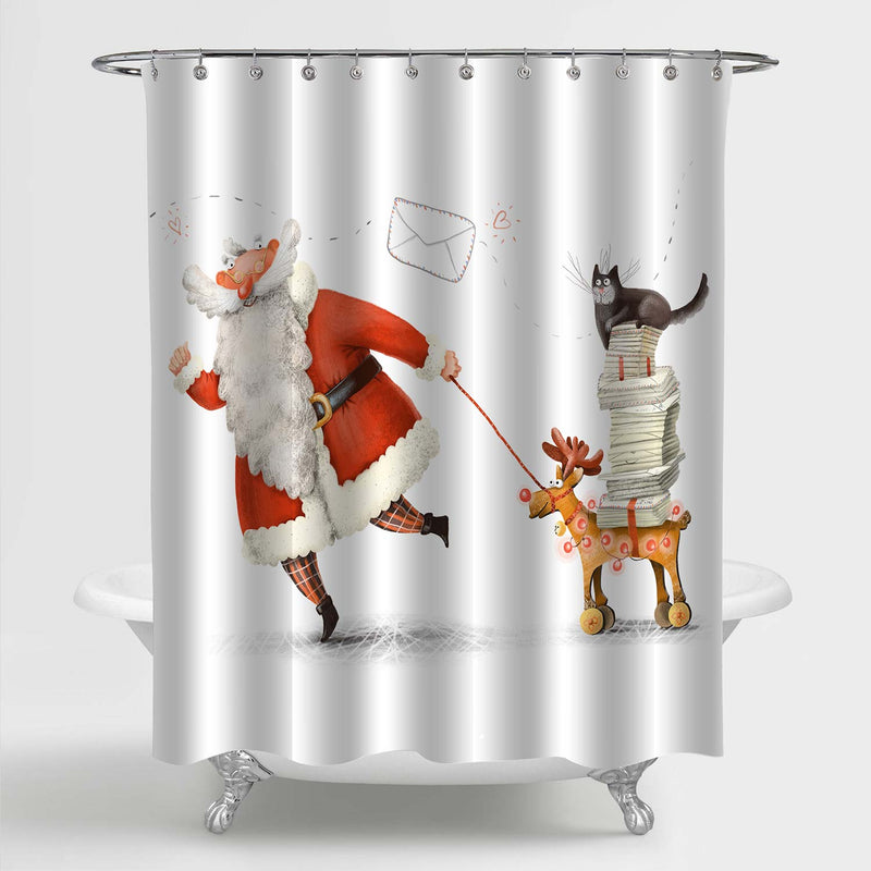 Santa Claus Carries Letters on a Toy Wooden Deer with a Cat Shower Curtain - Red