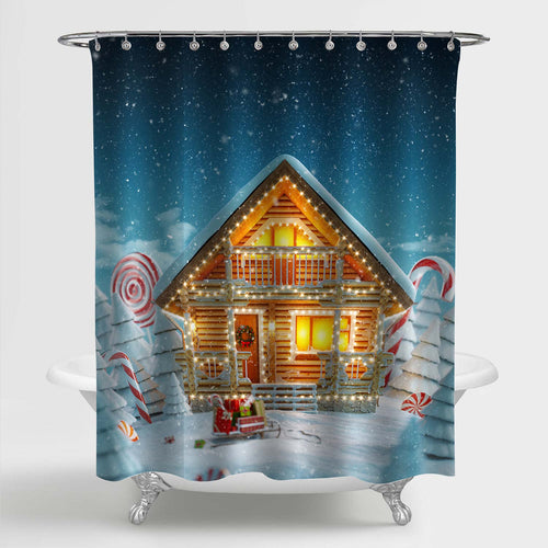 House Decorated at Christmas Lights in Magical Forest Shower Curtain