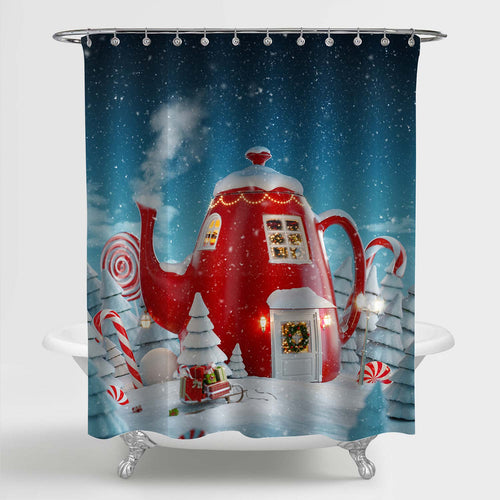 Fairy House Decorated at Christmas in Shape of Kettle Shower Curtain