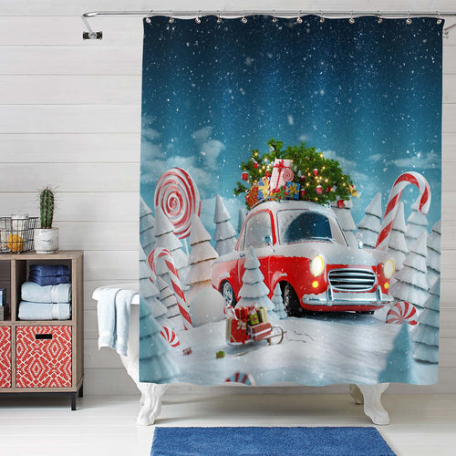 Santa's Car with Gift Boxes and Christmas Tree Shower Curtain