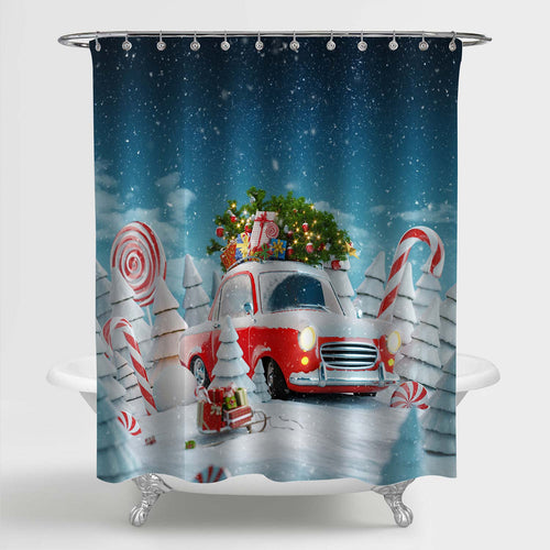 Santa's Car with Gift Boxes and Christmas Tree Shower Curtain