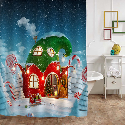 Fairy House Decorated at Christmas in Shape of Elfs Hat Shower Curtain