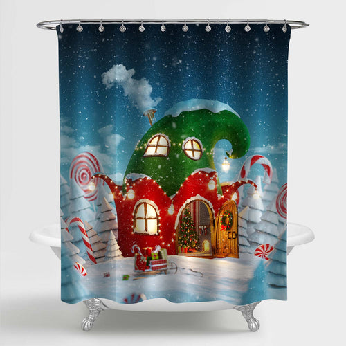 Fairy House Decorated at Christmas in Shape of Elfs Hat Shower Curtain