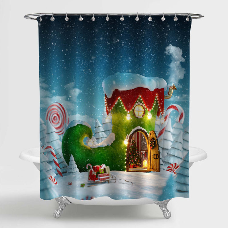 Fairy House Decorated at Christmas in Shape of Elfs Shoe Shower Curtain