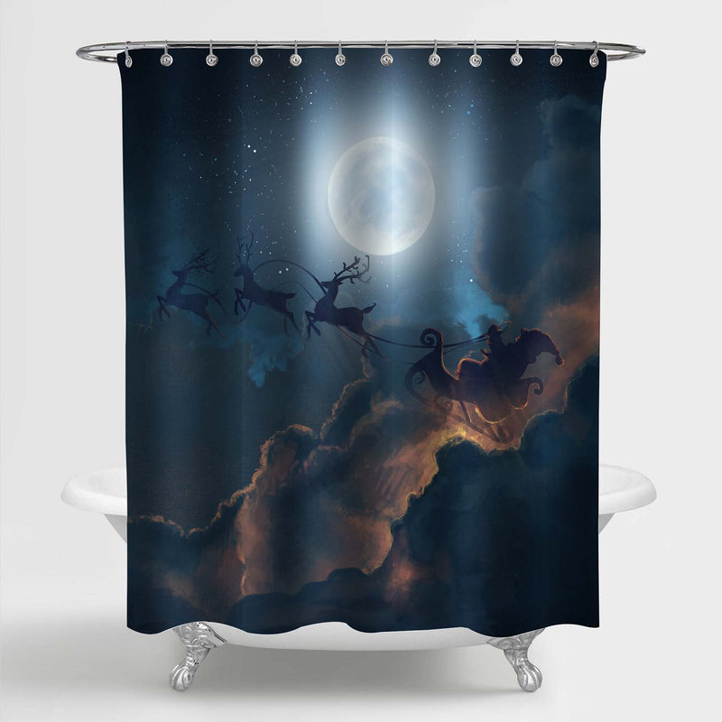 Santa on a Sleigh with Rein Deers Over the Full Moon Shower Curtain - Dark Blue