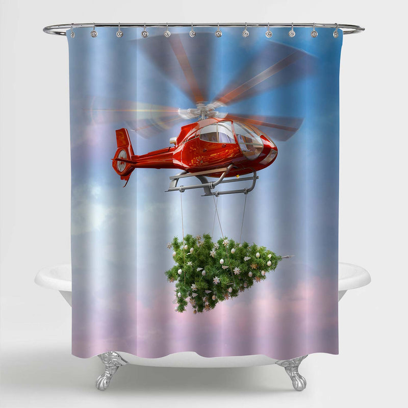 Drone Helicopter Carrying Christmas Tree Shower Curtain