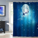 Santa and His Sleigh Flying Over Snowy Landscape Shower Curtain - Blue