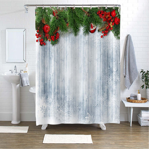 Rustic Christmas Border with Fir Tree, Holly and Christmas Wreath Shower Curtain