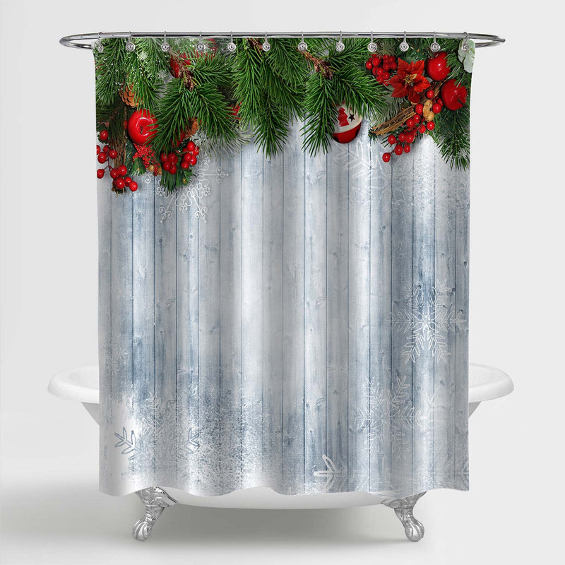 Rustic Christmas Border with Fir Tree, Holly and Christmas Wreath Shower Curtain