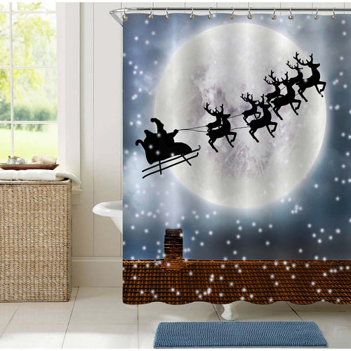 Santa Flying Over Full Moon and Roof Top Shower Curtain - Brown Grey