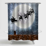 Santa Flying Over Full Moon and Roof Top Shower Curtain - Brown Grey