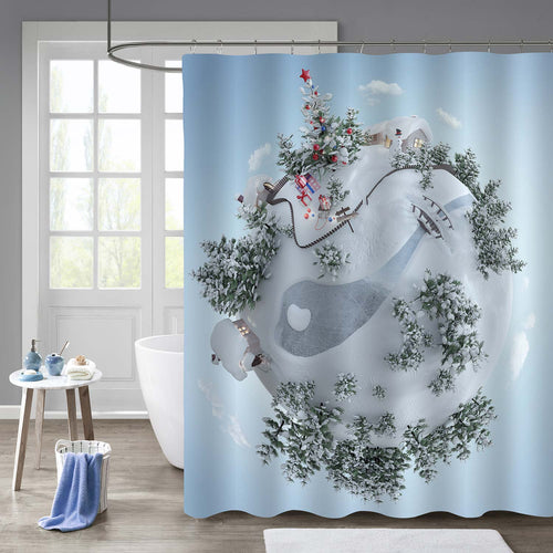 Christmas Planet with Christmas Tree Near the Frosty Road Shower Curtain